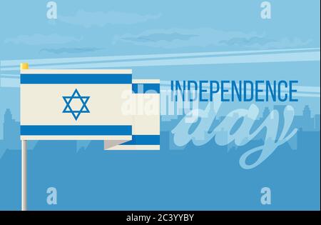 The flat design of the flag on the flagpole. Independence Day. Flag of Israel Stock Vector