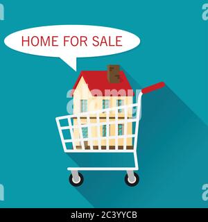 Vector Cart with Cottage. Home for sale flat vector. Stock Vector