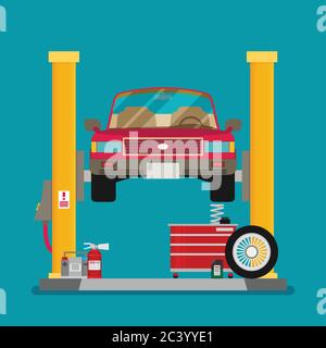 Car repair. Car lifted on auto lift. Vector Stock Vector