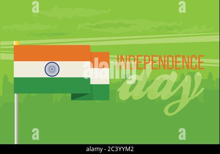 The flat design of the flag on the flagpole. Independence Day. Flag of India Stock Vector