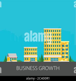 Growth of business. Buildings of company small, middle and big. Flat vector. Stock Vector