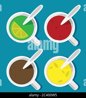 Vector illustration. Set of coffee and tea cups on a wooden table. Top view Stock Vector