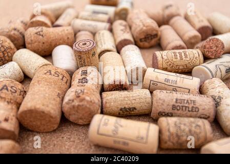 BERLIN - JUN 23: Collection of wine corks on brown cork background in Berlin on June 23. 2020 in Germany Stock Photo