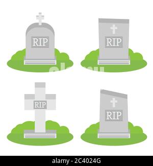 Vector illustration grey gravestone with cross on green grass. Flat tombstone icon set Stock Vector