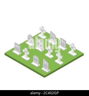 Vector illustration grey gravestone with cross on green grass. Flat isometric tombstone icon set Stock Vector