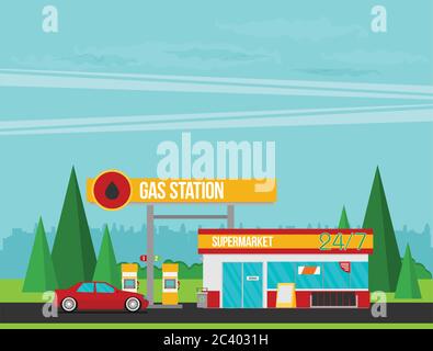 Gas station flat vector illustration Stock Vector