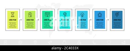 Timeline creative design linear infographics template. Business vector illustration with 7 options, arrows. Can be used for process banner, diagram Stock Vector