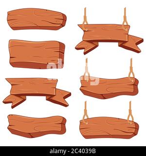 Cartoon wooden sign board vector set isolated on a white background. Stock Vector