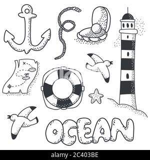 Ocean doodle sketch element vector set isolated on a white background. Stock Vector
