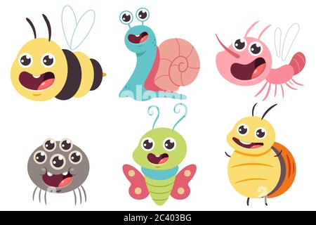 Cute bug vector cartoon set. Funny bumblebee, snail, butterfly, spider and mosquito isolated on a white background. Stock Vector