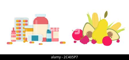 Pills and medications vs fresh fruits and vegetables Stock Vector