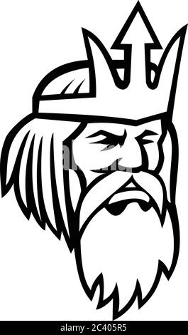 Black and white illustration of Roman god of sea Neptune Poseidon of ...