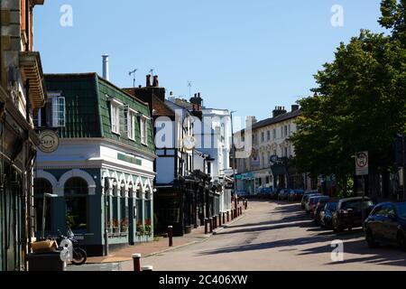 View looking up High Street with The White Bear public house front L, G Collins & Sons jewellers shop behind, Royal Tunbridge Wells, Kent, England Stock Photo