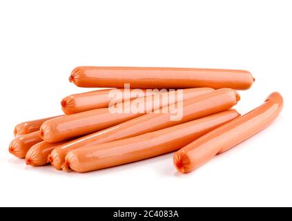 Thin sausage on a white background. A loop of sausages with sliced slices. Stock Photo