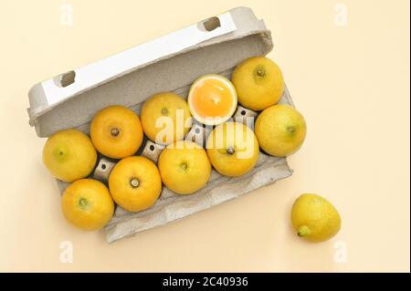 Conceptual Lemon Dozen Chicken Eggs In A Package One Egg Is Open Stock Photo