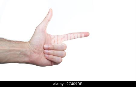 Hand of show gun isolated making a symbol isolated on white background. Stock Photo