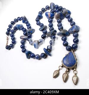 Closeup of a necklace handmade from semi-precious stones Lapis Lazuli Stock Photo
