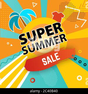 Super Summer Sale banner. Abstract sunny rays and sea., sunbed on the beach. Memphis style vector illustration Stock Vector