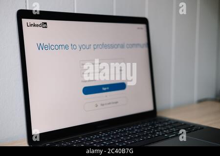 CHIANG MAI ,THAILAND JUN 22 2020 : Apple Macbook pro with page social network service LinkedIn black logo on the screen Stock Photo