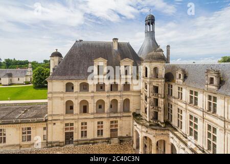 Rooftop view at the enormous impressive towers of chateau Chambord Stock Photo