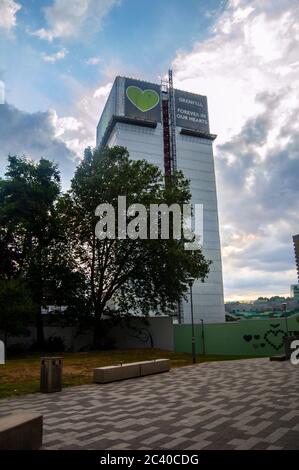 NORTH KENSINGTON/LONDON - JULY 18 2019: Grenfell Tower pictured just over two years after the devasting fire  that killed 72 people and injured dozens Stock Photo