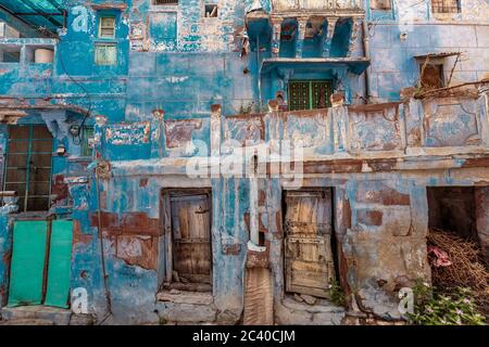 Wood Carved door in the Blue City of Jodhpur, Rajasthan , India. Stock Photo