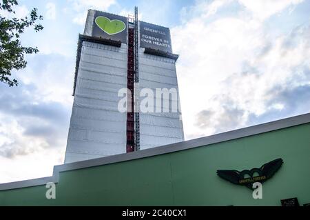 NORTH KENSINGTON/LONDON - JULY 18 2019: Grenfell Tower pictured just over two years after the devasting fire  that killed 72 people and injured dozens Stock Photo