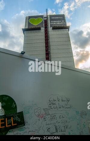 NORTH KENSINGTON/LONDON - JULY 18 2019: Grenfell Tower pictured just over two years after the devasting fire  that killed 72 people and injured dozens Stock Photo