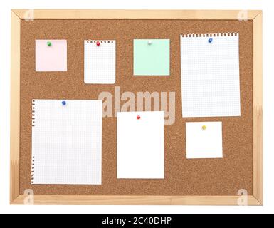 Set of blank paper, notes, pins on cork board , office concept picture Stock Photo