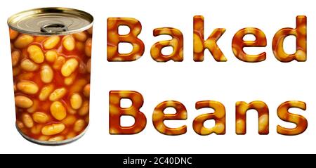 Baked beans can along with textured words on an isolated white background with a clipping path Stock Photo