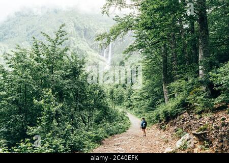 .Traveling along a forest trail to the top of the mountains Stock Photo