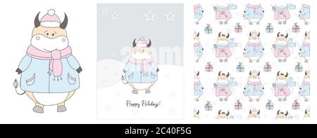 Cute ox in a scarf illustration. Winter hand drawn cards and seamless pattern. Bull. 2021. Happy holidays. Christmas and New Year.. Stock Vector