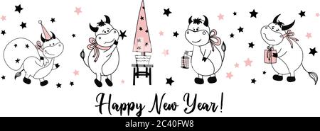Happy New Year. Postcard horizontal with bulls or oxen. Ox character. Simple cow drawing. Stock Vector