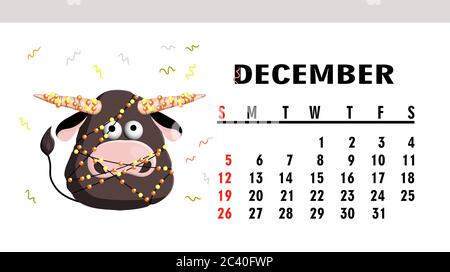 Calendar page 2021. Calendar horizontal with bulls or oxen. Ox character. December. Stock Vector