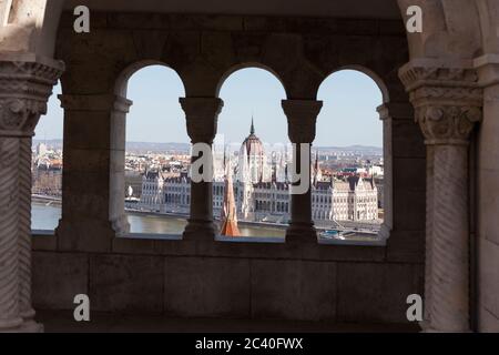 Hungarian Parliament Building (Országház), seen from across the Danube from the Fishermen's Bastion, Budapest, Hungary Stock Photo