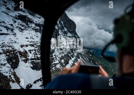 famous Eiger North face seen from the helicopter, Grindelwald Stock Photo