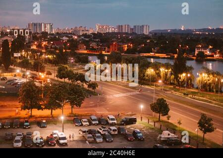 Evening Kiev city and Dnipro view from above Stock Photo