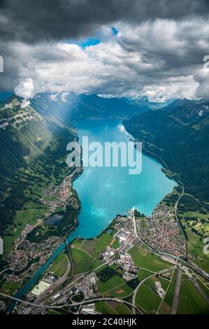aerial view of Lake Brienz with Bönigen in Berner Oberland seen from a ...