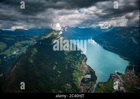 aerial view of Lake Brienz with Bönigen in Berner Oberland seen from a ...