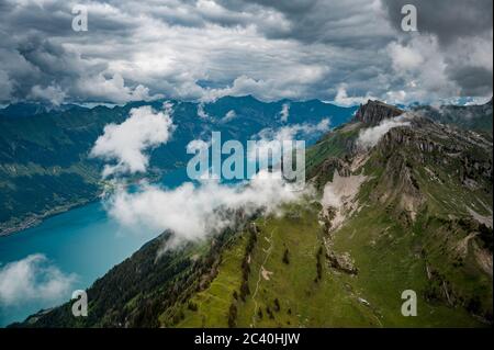 aerial view of Lake Brienz with Bönigen in Berner Oberland seen from a ...