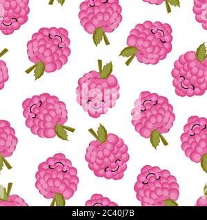Raspberry character. Cute funny berry. Berry seamless vector pattern. Bright colors.. Stock Vector