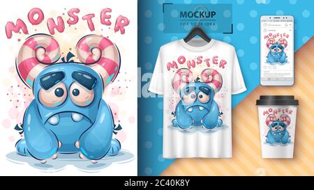 Sad monster poster and merchandising. Stock Vector