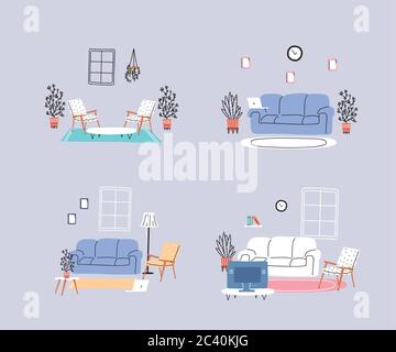 Home Rooms Furniture Collection Icons Set Vector Stock Vector Image ...