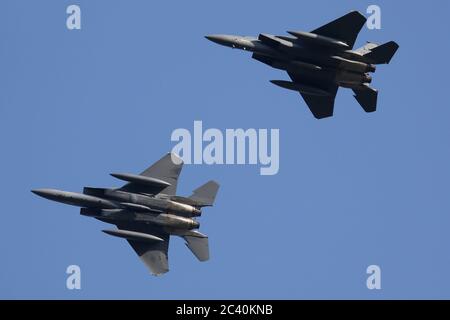 F-15Es from the 48th Fighter Wing in the overhead at RAF Lakenheath ...