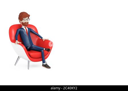 Cartoon Character Businessman Resting in Red Modern Leather Relax Armchair on a white background. 3d Rendering Stock Photo