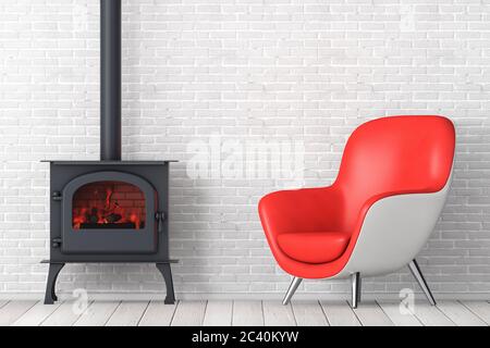 Modern Red Leather Oval Shape Relax Chair with Classic Оpen Home Fireplace Stove with Chimney Pipe and Firewood Burning in Red Hot Flame in front of b Stock Photo