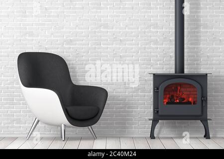 Modern Leather Oval Shape Relax Chair with Classic Оpen Home Fireplace Stove with Chimney Pipe and Firewood Burning in Red Hot Flame in front of brick Stock Photo