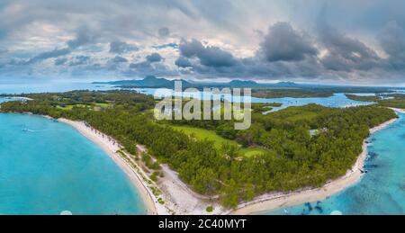 Aerial view of Mauritius, Panorama of  Ile aux Cerfs, the deer island. Stock Photo