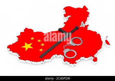 Police State Concept. Metal Handcuffs with Black Rubber Police Baton or Nightstick over China Flag and Map on a white background. 3d Rendering Stock Photo