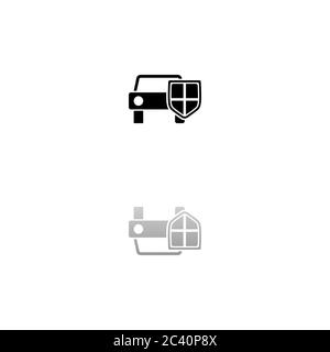 Car insurance. Black symbol on white background. Simple illustration. Flat Vector Icon. Mirror Reflection Shadow. Can be used in logo, web, mobile and Stock Vector